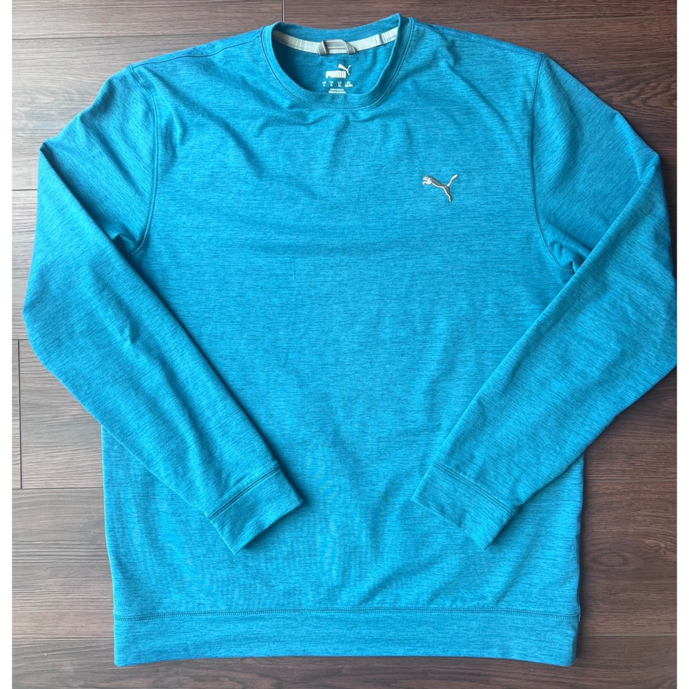 Puma Mens Long Sleeve Active Shirt Blue Heather Crewneck Logo Top Size Large